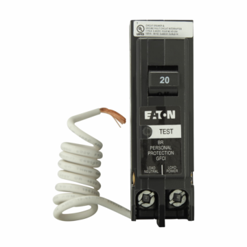 Eaton BR GFCI circuit breaker, Plug-in ground fault circuit breaker, 20 A, 10 kAIC, Single-pole, 120/240 V, BRN, Trip-to-center, Plug-on, #14-8 AWG, Ground fault circuit interrupter, GFI, 5 mA