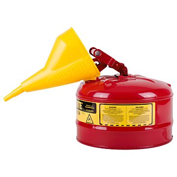 Justrite 2.5 Gallon Steel Safety Can for Flammables, Type I, Funnel, Flame Arrester, Red - 7125110