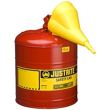 Justrite 5 Gallon Steel Safety Can for Flammables, Type I, Funnel, Flame Arrester, Red - 7150110