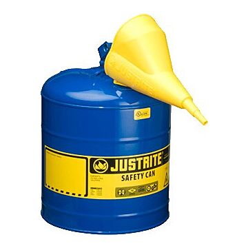 Justrite 5 Gallon Steel Safety Can for Kerosene, Type I, Funnel, Flame Arrester, Blue - 7150310