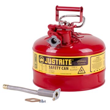 Justrite 2.5 Gallon, 5/8" Metal Hose, Steel Safety Can for Flammables, Type II, AccuFlow™, Red - 7225120