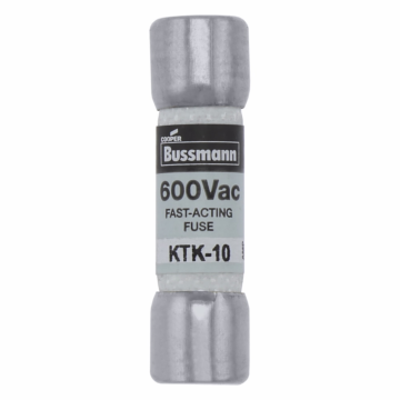 Bussmann Eaton Bussmann series KTK fuse, LIMITRON Fast-acting fuse, Control circuits, lighting circuit protection, meter circuits, 10 A, Non-indicating, Ferrule end x ferrule end, 100 kAIC at 600 V, Nickel-plated bronze endcap,Melamine tube, 600 V