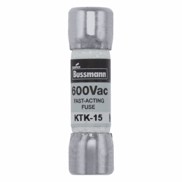 Bussmann Eaton Bussmann series KTK fuse, LIMITRON Fast-acting fuse, Control circuits, lighting circuit protection, meter circuits, 15 A, Non-indicating, Ferrule end x ferrule end, 100 kAIC at 600 V, Melamine tube,Nickel-plated bronze endcap, 600 V