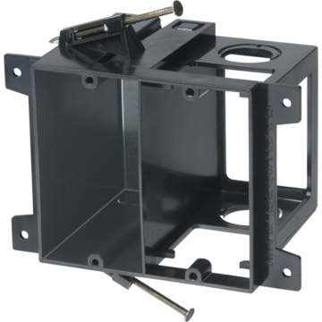 Arlington Industries Power and low voltage box for new construction, nail on. Low voltage side provides combination 1/2" and 3/4" knockout. 2 hour fire rating. 20 cu. in.