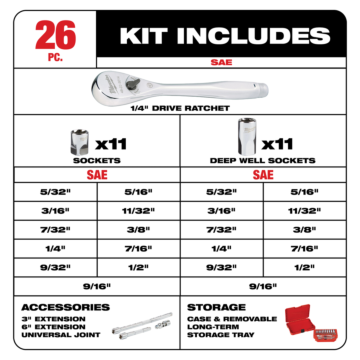 Milwaukee 1/4" Drive 26pc Ratchet & Socket Set - SAE