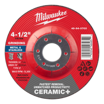 Milwaukee Type 27 Ceramic+ Metal Grinding Wheel - 4-1/2 in. x 1/4 in. x 7/8 in.