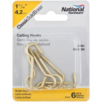 National #12 Solid Brass Ceiling Hook (6-Pack)