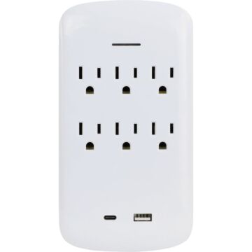Prime 15A Wire & Cable 6-Outlet Surge Tap w/ USB-A & USB-C (White)