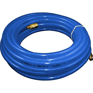 Flexeel Hose, 3/8" x 50', 1/4" MPT Reusable Strain Relief Fittings, Transparent Blue