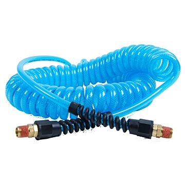 Flexeel Coil, 1/4" x 25', 1/4" NPT Swivel Strain Relief Fittings, Transparent Blue