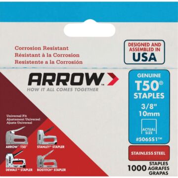Arrow Fastener Arrow T50 Heavy-Duty Stainless Steel Staple, 3/8 In. (1000-Pack)