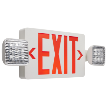 Satco Combination Red Exit Sign/Emergency Light, 90min Ni-Cad backup, 120/277V, Dual Head, Single/Dual Face, Universal Mounting, Remote Compatible