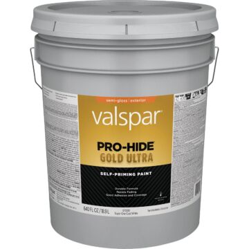 Valspar Pro-Hide Gold Ultra Latex Semi-Gloss Exterior House Paint, Super One-Coat White, 5 Gal.