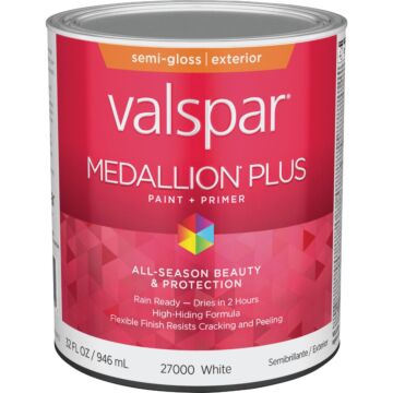 Valspar Medallion Plus Premium Paint & Primer Semi-Gloss Exterior Paint, White, 1 Qt.