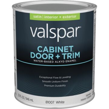 Valspar Cabinet Door & Trim Waterborne Alkyd Satin Interior/Exterior Enamel, Bright White Base, 1 Qt.