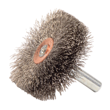 Weiler 1-3/4" Wide Face Stem-Mounted Crimped Wire Wheel, .008" Stainless Steel Fill, 1/4" Stem