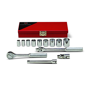 Wright Tool 3/8" Drive 13 Piece Metal Boxed Set - 6 Point Standard Sockets, 3/8" - 7/8", Ratchet, Flex Handle, 6" Extension, Universal