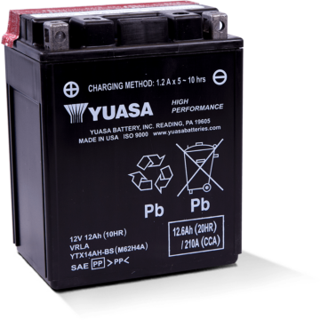 Yuasa Battery, Inc Yuasa YTX14AH-BS 12 V 12 Ah at 10 hr 1.2 A High Performance AGM Motorcycle Battery