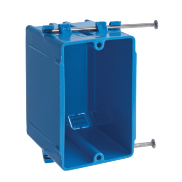 One-Gang Nail-On New Work Outlet Box, Volume 18 Cubic Inches, Length 3-3/4 Inches, Width 2-1/4 Inches, Depth 2-7/8 Inches, Color Blue, Material PVC, Mounting Means Captive Nails
