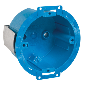 Round Old/New Work Ceiling Box, Volume 14.5 Cubic Inches, Diameter 3-1/2 Inches, Color Blue, Material PVC, Mounting Means Base, Ears, and Snap-In Bracket