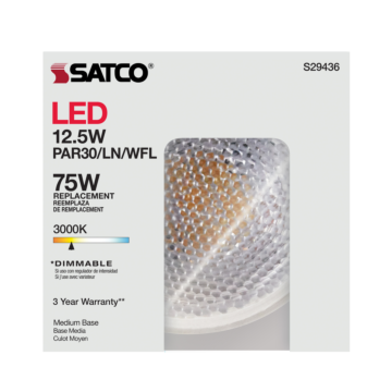 Satco 12.5 Watt - PAR30LN LED - 3000K - 60 deg. Beam Angle - Medium base - 120 Volt