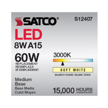 Satco 8.2 Watt A15 LED Filament - Soft White - Medium Base - 3000K - 90 CRI - 120 Volt