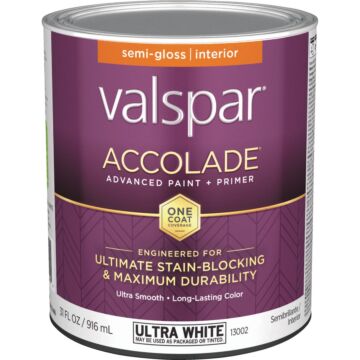 Valspar Accolade Super Premium 100% Acrylic Paint & Primer Semi-Gloss Interior Wall Paint, Ultra White Base, 1 Qt.