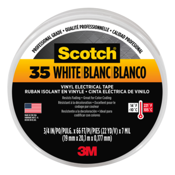 3M Scotch® #35 Electrical Tape, 10828-DL-2W, 0.75 in x 66 ft x 7 mil, White, 10/case