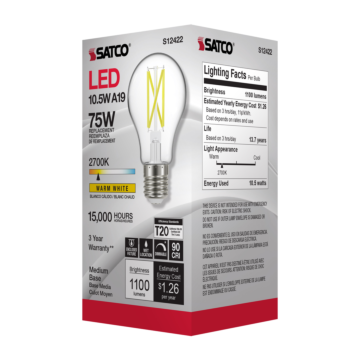 Satco 10.5 Watt A19 LED Filament - Clear - Medium Base - 2700K - 90 CRI - 120 Volt