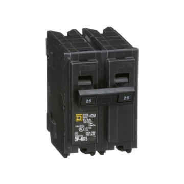 Square D Mini circuit breaker, Homeline, 25A, 2 pole, 120/240VAC, 10kA AIR, standard type, plug in, UL