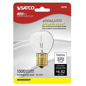 40 Watt S11N Incandescent; Clear; 1500 Average rated hours; 370 Lumens; Intermediate base; 120 Volt; Carded