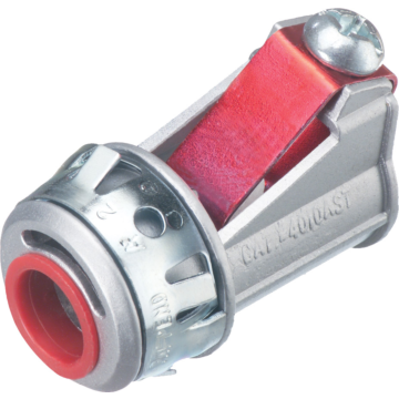 Zinc die-cast, 1/2" Knockout MC cable connector snaps quickly on to the conduit with a removable screw in spring steel clip and then snaps into knockout with external spring steel clip, no tools required. Concrete tight when taped. Red tinted internal cli