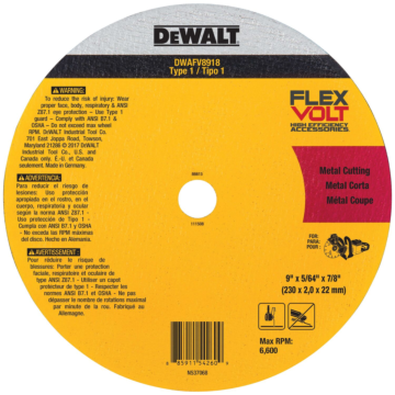 Dewalt DEWALT FLEXVOLT 9 In x .045 in Ceramic Abrasive Chop / Cut-Off Blade with 7/8 in Arbor For Stainless & Mild Steel Cutting (1 Pack)