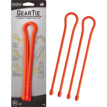 Gear Tie 18 In. Reusable Rubber Twist Tie - Bright Orange (2-Pack)