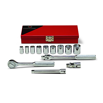 3/8" Drive 13 Piece Metal Boxed Set - 6 Point Standard Sockets, 3/8" - 7/8", Ratchet, Flex Handle, 6" Extension, Universal