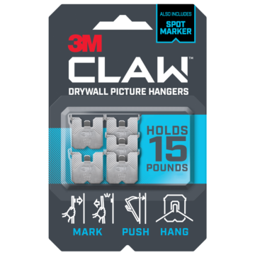 3M CLAW™ Drywall Picture Hanger 15 lb with Temporary Spot Marker 3PH15M-5ES, 5 hangers, 5 markers