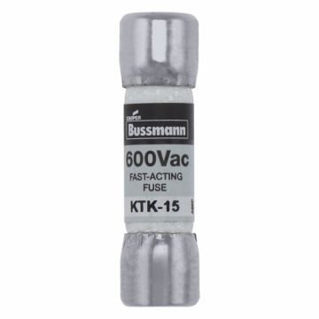 Eaton Bussmann series KTK fuse, LIMITRON Fast-acting fuse, Control circuits, lighting circuit protection, meter circuits, 15 A, Non-indicating, Ferrule end x ferrule end, 100 kAIC at 600 V, Melamine tube,Nickel-plated bronze endcap, 600 V