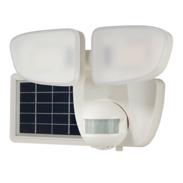 Solar floodlight, Solar Flood, 700 Lumens (Nominal), Motion Flood, Twin Head Configuration, White Finish.