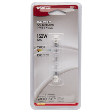150 Watt; Halogen; T3; Clear; 1500 Average rated hours; 2400 Lumens; Double Ended base; 78mm; 120 Volt; Carded