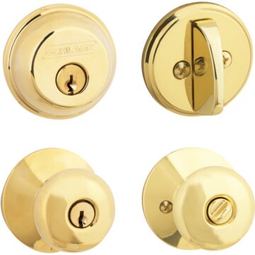 Schlage Bright Brass Single Cylinder Deadbolt and Plymouth Keyed Entry Knob