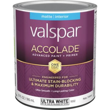 Valspar Accolade Super Premium 100% Acrylic Paint & Primer Matte Interior Wall Paint, Ultra White Base, 1 Qt.