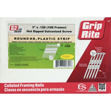 Grip-Rite 21 Degree Plastic Strip Hot-Dipped Galvanized Screw Shank Full Round Head Framing Stick Nail, 3 In. x .120 In. (4000 Ct.)