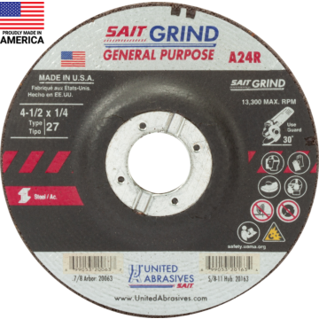 20063 A24R General Purpose/Long Life Grinding Wheel (Type 27/Depressed Center) 4 1/2" x 1/4" x 7/8"