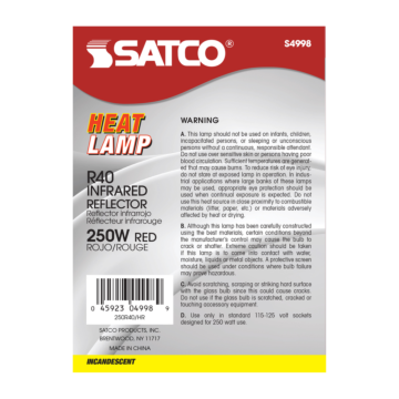 Satco 250 Watt R40 Incandescent - Red Heat - 6000 Average rated hours - Medium base - 120 Volt