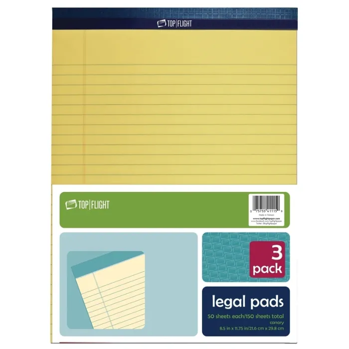 TOP FLIGHT Top Flight N 11 Series 4513094 Legal Pad, 11-3/4 in L x 8-1/2 in W Sheet, 50-Sheet, Canary Yellow Sheet