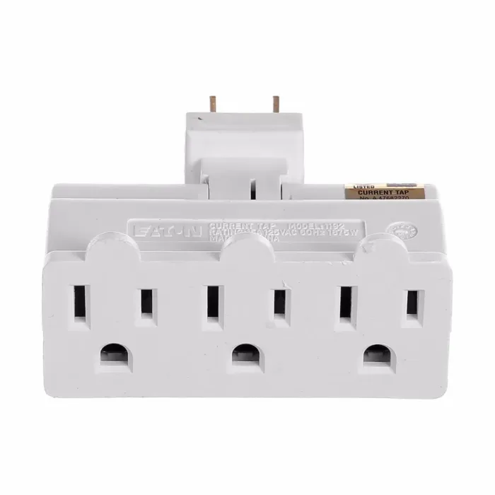 Eaton swivel three outlet tap, Swivel, single receptacle to 3 outlets, 15A, 125V, White, Thermoplastic, 5-15R, NEMA 5-15R