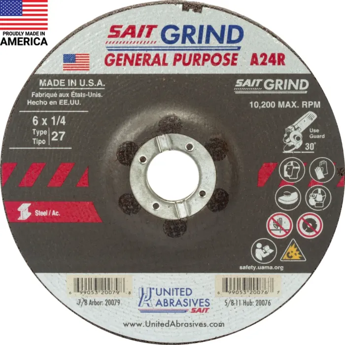 United Abrasives 20079 A24R General Purpose/Long Life Grinding Wheel (Type 27/Depressed Center) 6" x 1/4" x 7/8", 25-Pack