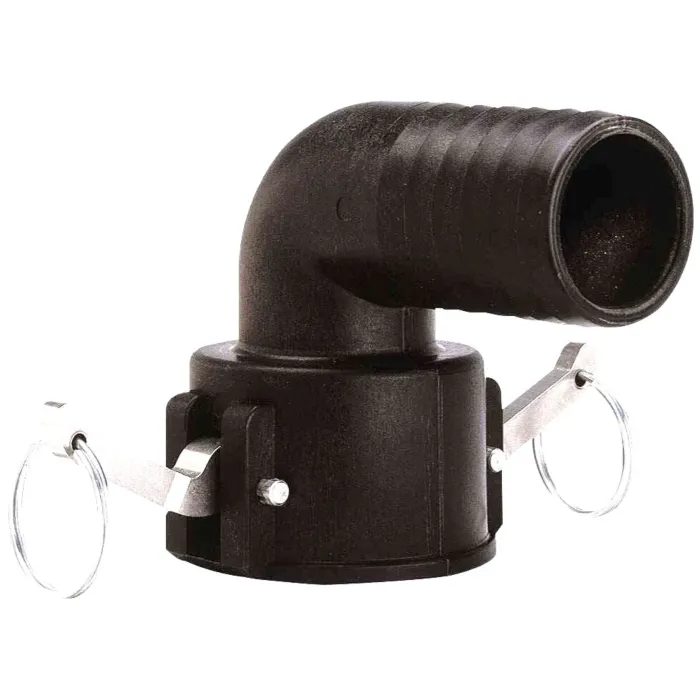 Norwesco 90deg 2" Female Camlock x 2" Hose Barb, Poly