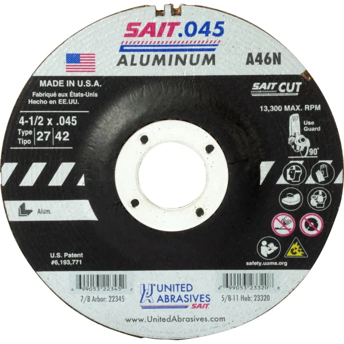 United Abrasives 22345 A46N Aluminum Cut-Off Wheels (Type 27/Type 42 Depressed Center) 4-1/2" x .045" x 7/8"