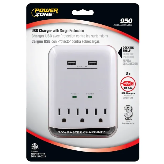 PowerZone ORUSB343S USB Charger, 125 V, 15 A, 3-Outlet, 950 Joules Energy, White